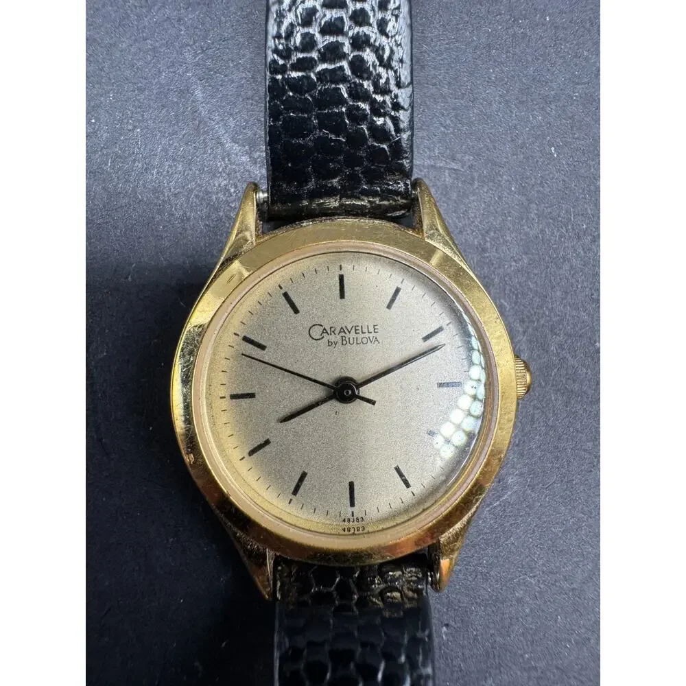 Caravelle by Bulova 48J83 Gold Tone Genuine Black Leather Strap Watch WR